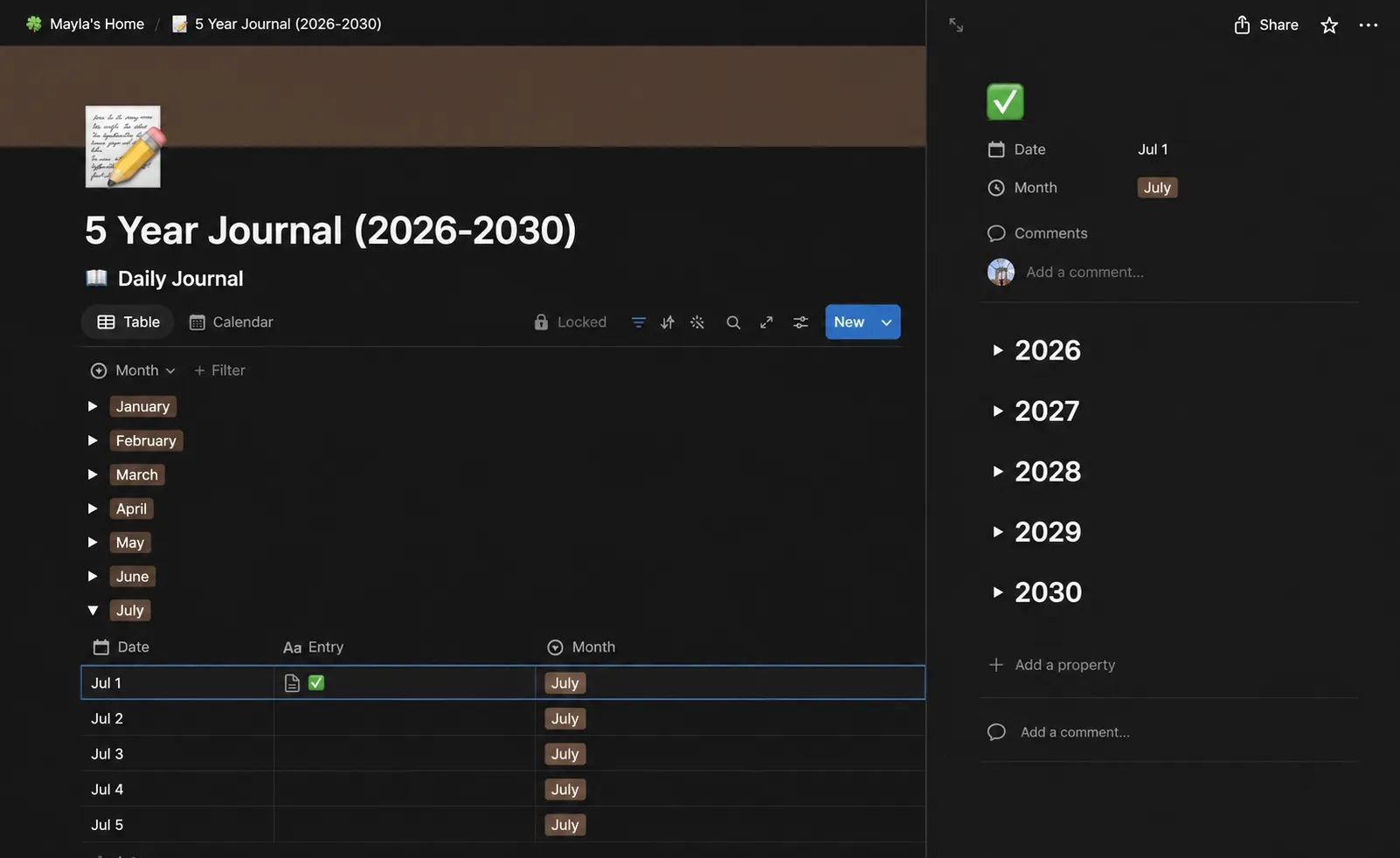 Screenshot of my 5 year journal template in Notion